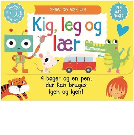 Skriv og visk ud - Kig, leg og lær (kuffert med 4 bøger og pen) 
