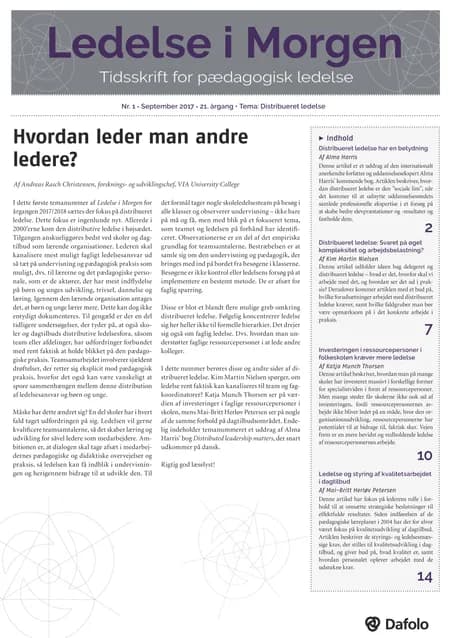 Ledelse i Morgen. Nr. 1. September 2017. 21. årgang. Tema: Distribueret ledelse af Alma Harris
